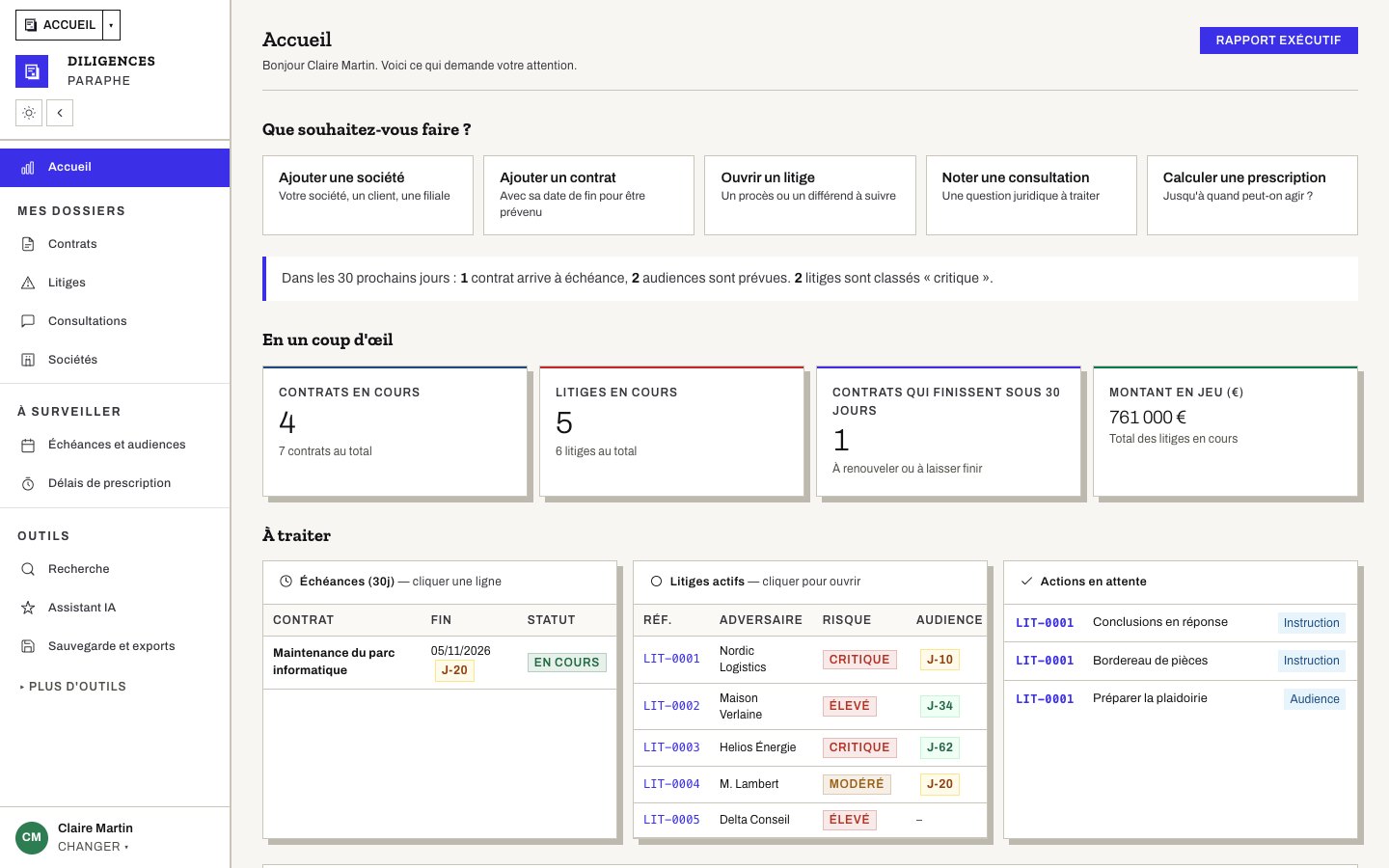 Tableau de bord de Diligences : indicateurs, graphiques, échéances et litiges actifs